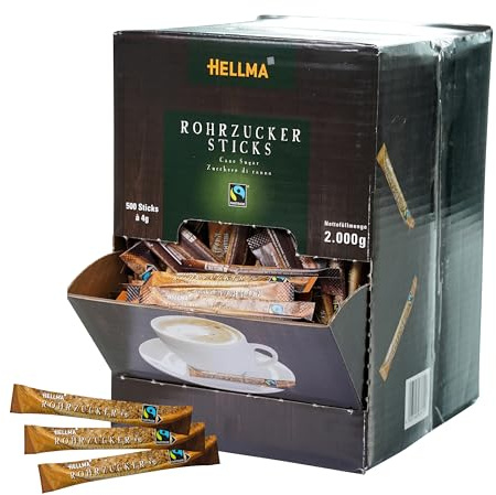 Hellma Fairtrade brauner Rohrzucker-Sticks 500 Stk. je 4 g - 2 kg Vorrats-Box - Zuckertütchen einzeln, für Kaffee, Tee