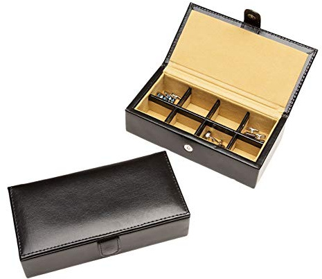 Cuff-Daddy Leather Travel Cufflinks and Rings Storage Box Case for 8 Pairs - Cufflinks Holder Display Jewelry Case - 6 1/4 x 1 x 3 - Storage Cuff Links Jewelry Box with White Outerbox