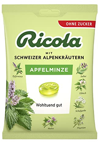 Ricola Apfelminze, 75g Beutel Original Schweizer Kräuter-Bonbons mit 13 Schweizer Alpenkräutern & natürlicher Apfelminze, zuckerfrei, 1 x 75g, vegan