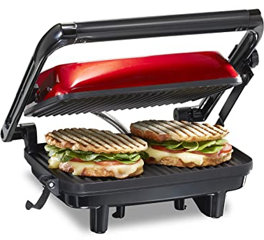 Hamilton Beach Panini Press Sandwich Maker & Electric Indoor Grill with Locking Lid, Opens Wide to Fit Any Thickness for Quesadillas, Burgers & More, Nonstick 8 x 10 Grids, Red (25462Z)