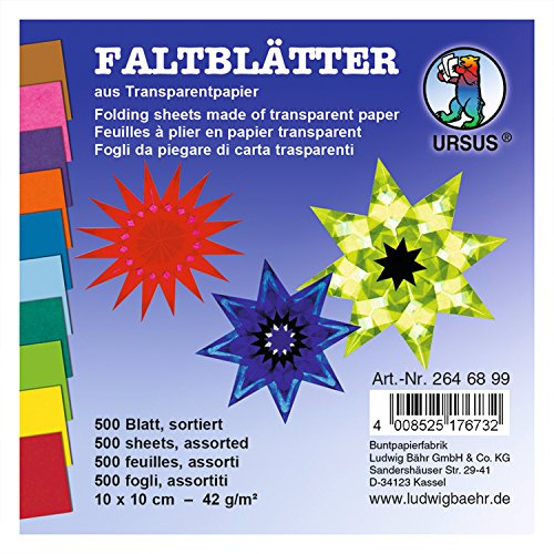Ursus 2646899 - Faltblätter Transparentpapier, ca. 10 x 10 cm, 42 g/qm, 500 Blatt, sortiert in 10 Farben, durchgefärbt, ideale Grundlage für kreative Bastelarbeiten