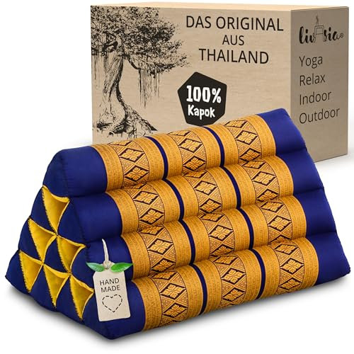 livasia Rückenstützkissen mit Muster - 30x50x30cm - Dreieckskissen für den Garten, Keilkissen mit Kapok, vegan und handgefertigt, Meditationskissen (Blau/Gelb)