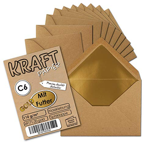 50 Stück - Gold gefütterte Vintage-Umschläge DIN C6 11,4 x 16,2 cm Kraft-Papier braun Recycling Nassklebung - UmWelt by GUSTAV NEUSER