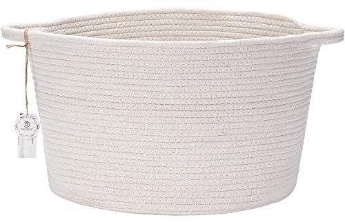 Sea Team Oval Cotton Rope Woven Storage Basket with Handles, Diaper Caddy, Nursery Nappies Organizer, Baby Shower Basket for Kid's Room, 14.2 x 14.2 x 10.2 Inches (Medium Size, White)