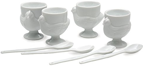 RSVP International Kitchen Accessories Collection Soft Boiled Egg, White Porcelain, Cup & Spoon Set, 8 Piece