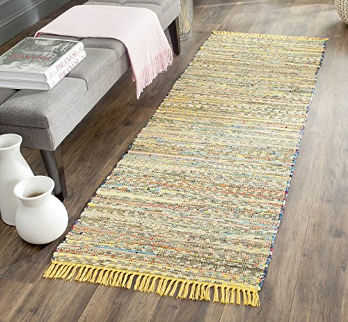 SAFAVIEH Rag Rug Collection Runner Rug - 2'3 x 8', Yellow & Multi, Handmade Boho Stripe Cotton, Ideal for High Traffic Areas in Living Room, Bedroom (RAR121H)