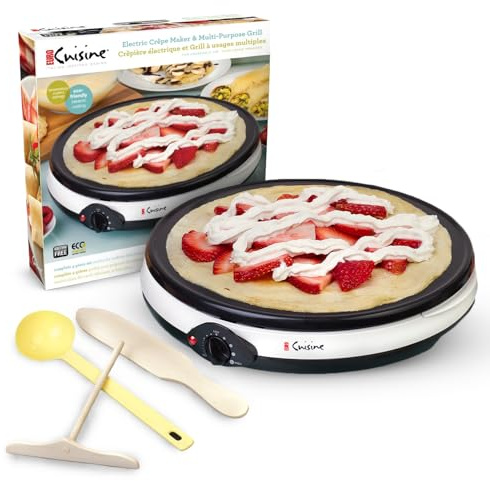 Euro Cuisine CM20 Electric Crepe Maker, 12 Inch Ceramic Non-stick Pan (PTFE PFOA Free), Adjustable Temperature Setting, Also Makes Roti, Dosa, Pancakes, Includes Batter Spreader, Turner and Ladle
