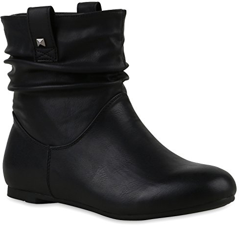 Stiefeletten Damen Schlupfstiefel Schnallen Stiefel Flach Boots Nieten Leder-Optik Schlupfstiefeletten Schuhe 120939 Schwarz 41 Flandell