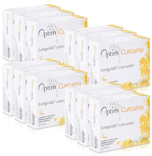 OPTIM Curcuma Integratore Curcumina Longvida Alto Dosaggio - PACK 12 scatole di 30 Capsule Vegane - Benessere di Articolazioni, Cartilagini e Tendini - Senza Pepe Nero (Piperina)