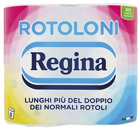 Rotoloni Regina - 8 Maxi Rotoli di Carta Igienica, 500 Fogli a 2 Veli, Lunghi Più del Doppio dei Normali Rotoli, Confezione 50% in Plastica Riciclata, Carta 100% Certificata FSC