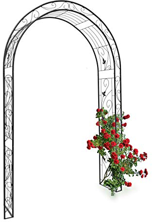 Relaxdays - Arco de metal con un estilo natural y figuras de aves, arco de jardin para plantas, 226 x 144 x 36,5 cm, Material: polvo de hierro, trepadoras, negro