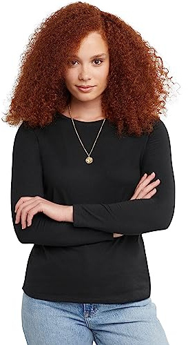 Hanes Long Sleeve Cotton T-Shirt, Lightweight Crewneck Tee for Women, Modern Fit, Ebony, X Large