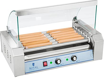 Royal Catering Hot Dog Grill Hot Dog Maschine Hot Dog Maker (7 Rollen, Platz für 12 Würstchen, 1.400 W, 2 Heizzonen, Edelstahl) silber