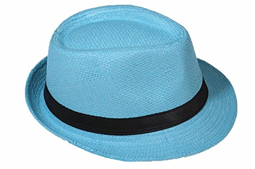 Fedora - Sombrero de panamá de paja, sombrero de gangster, sombrero de sol con cinta de tela Himmelblau (Strohhut) Talla única