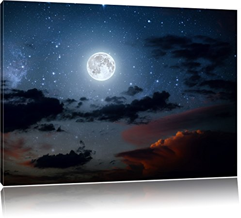 Pixxprint Leuchtender Mond am Nachthimmel, Größe: 100x70cm, Leinwandbild, fertig gespannt, Wandbild, Dekoration, Kunstdruck, kein Poster