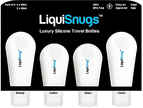 LiquiSnugs Premium - Botellas de viaje de silicona a prueba de fugas para artículos de tocador - Recipiente aprobado por la TSA. Botellas de champú de viaje de gama premium con ventosas y etiquetas