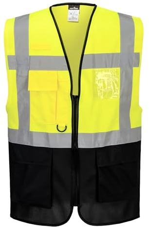 Portwest C476 Warsaw Hi-Vis Contrast Executive Sleeveless Safety Vest with Pockets - Reflective High Viz Outdoor Safety Workwear, Yellow/Navy, 3XL