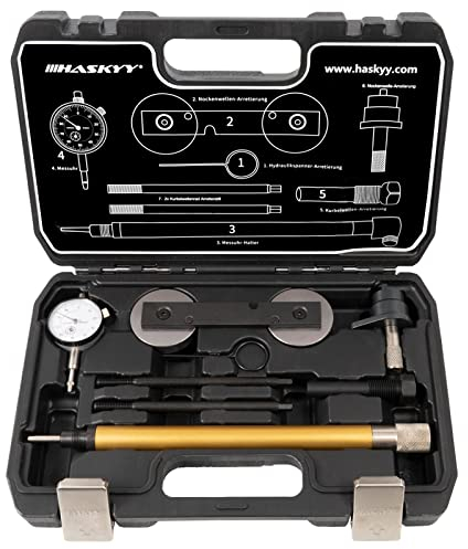 HASKYY Motor Einstellwerkzeug Satz Steuerkette Wechsel Arretierung Nockenwelle Kurbelwelle Werkzeug Messuhrhalter + Messuhr kompatibel mit. VAG Audi VW Seat Skoda1.2 1.4 1.6 FSI TFSI