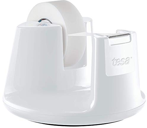 tesafilm Tischabroller Compact - Klebebandspender mit Anti-Rutsch-Boden für sicheren Halt - Mit matt-unsichtbarer Kleberolle 33 m x 19 mm - Weiß
