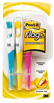 Post-it Flags + Highlighter, 3 Pack, 50 Color Coordinated Flags/Highlighter, Yellow, Pink, Blue (689-HL3)