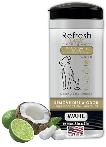 Wahl Dog Wipes Refresh Cleaning Wet Wipes, Remove Pets At Home Dirt and Odors, pH Balanced, Alcohol Free and Paraben Free, 50 Wipes,Coconut Lime Verbena Scent