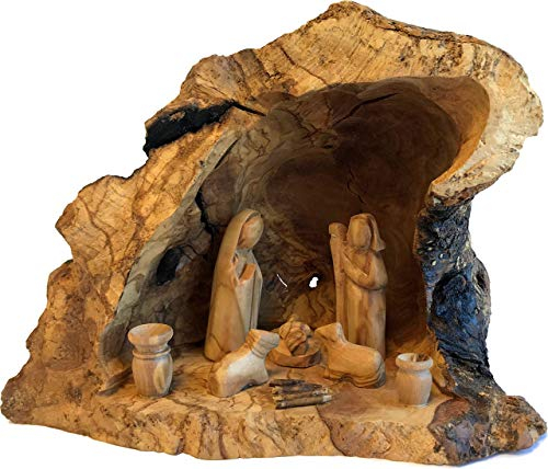Holy Land Market Olive Wood Nativity Set - Hand Carved Rustic Stable, Unique Olive Wood Nativity Scene, Large 8-12 in