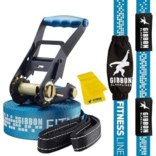 Gibbon Slacklines Fitness Line, Blue, 15m, 12,5m line + 2,5m Ratchet Strap, for Starters, Beginners and Fitness Enthusiasts, incl. Ratchet Protection and Ratchet with Safety Lock, 50mm/2 Wide