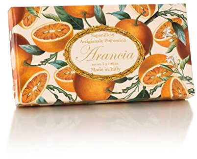 Orange-Seife, rechteckig, 3 x 125 g, italienische Fiorentino-Seife, Hand mit dekorativer Gravur