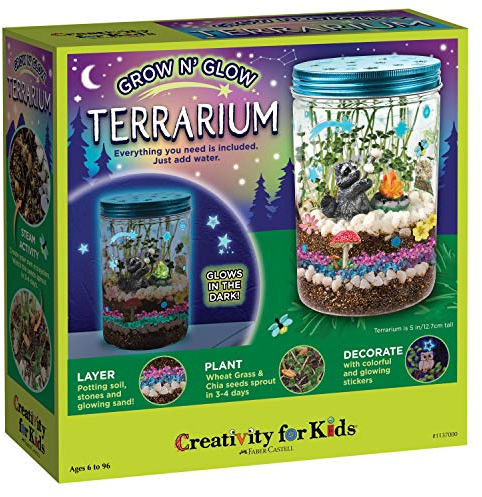 Creativity for Kids Grow ‘N Glow Terrarium Kit – DIY Miniature Garden with Glow-in-The-Dark Stickers, Figurines & Chia Seeds – Grow in 3-4 Days, STEM Gardening Craft for Kids Ages 6+