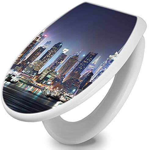 banjado Toilettendeckel mit Absenkautomatik 44,5x37cm / WC Sitz mit Absenkautomatik/Toilettensitz Duroplast mit Edelstahl Scharnieren/Klodeckel mit Absenkautomatik Motiv New York