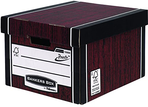 BANKERS BOX Premium Archivbox, in 1 Sekunde aufgebaut dank Presto-System, extrem stabil, aus 100% recycelter Pappe, Farbe: braun/Holzoptik, 10 Stück