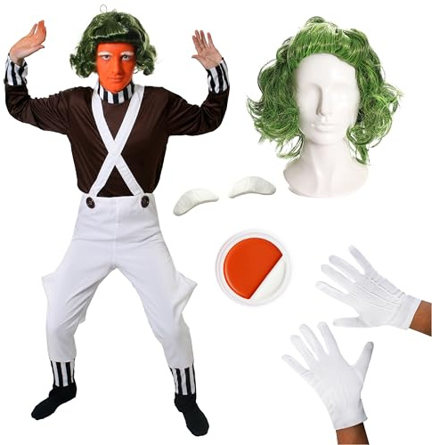 Adults Chocolate Factory Worker - Large - Brown Top, White Dungarees, Green Wig, White Gloves, Orange Facepaint - Adults Fancy Dress Costume Book Week Character
