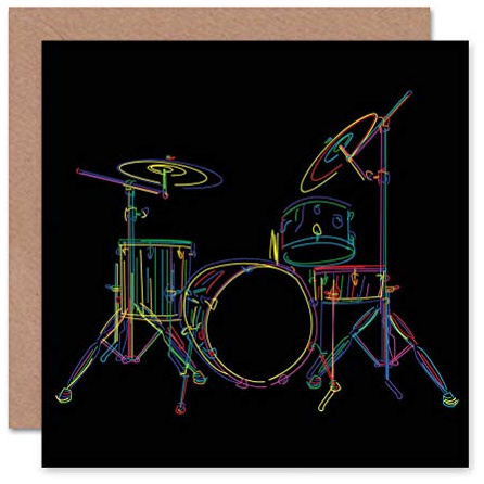 Wee Blue Coo DRUM SET MUSIC COLOURFUL ILLUSTRATION BLACK BLANK GREETINGS BIRTHDAY CARD