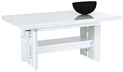 Hela Tische, Funktionscouchtisch Dario, Lackiert Hochglanz Weiß, ausziehbar 110-180cm, höchenverstellbar 50-60 cm, Ablageboden, Handkurbel