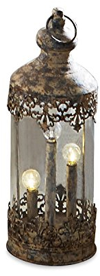 Loberon Laterne Cosette, mit DREI kleinen Leuchten, mit detailverliebten Ziselierungen, Vintage-Touch, batteriebetrieben, Antik-Finish, Eisen, Glaseinsatz, antikbraun