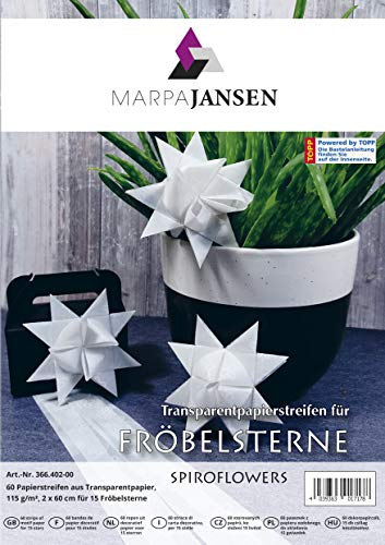 MarpaJansen Papierstreifen für Fröbelsterne - (2 x 60 cm, 60 Streifen, 115 g/m²) - Transparentpapier - Spiroflowers weiß