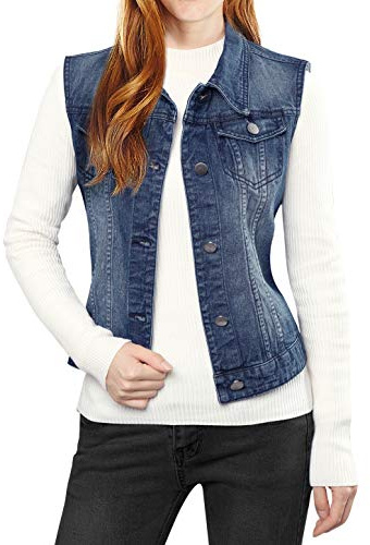 Allegra K Jeansväst för kvinnor, med knappar, tvättad denim, fickor med bröstklaffar, Mörkblått, S