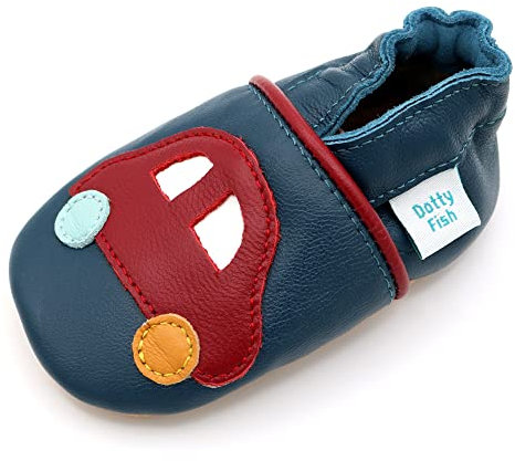 Dotty Fish Krabbelschuhe aus Leder – Rutschfeste, weiche Sohle, Barfußgefühl, Lauflernschuhe & Babyschuhe für Jungen, Marineblau mit rotem Auto, 2-3 Jahre (25 EU)