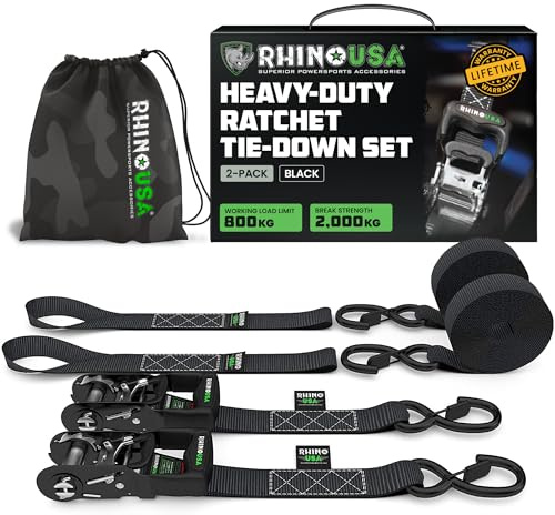 Rhino USA Kit Correas de Amarre Servicio Pesado (Paqeute de 2) 4cmx2,4m (2000kg de Resistencia a la Rotura) - Cinchas Fijación Últimas con Ganchos de Seguridad para Camionetas, ATV, UTV, Motos-Negro