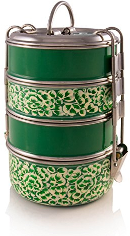 Indian-Tiffin Waswan Enamelware Collection Tiffin indien 4 niveaux Peint à la main Vert