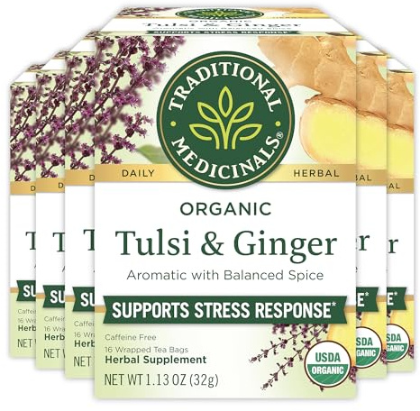 Traditional Medicinals Tea, Organic Tulsi & Ginger, Relieves Stress, Tension, & Irritability, 96 Tea Bags (6 Pack)