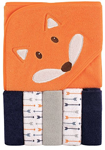 Luvable Friends Unisex Baby Hooded Towel with Five Washcloths, Boy Fox, One Size