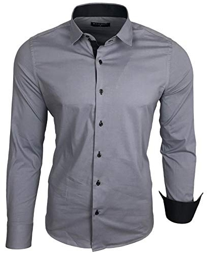 Baxboy Camicia da uomo a maniche lunghe, Slim Fit, facile da stirare, per lavoro, tempo libero, matrimonio/Con colletto Kent, modello B-500, grigio., XL