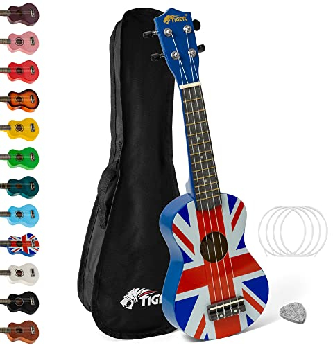 Tiger UKE10 - UK Sopran Ukulele für Anfänger inklusive Gig Bag, Filzplektrum, ein Satz Ersatzseiten. Neu in 2020 ausgestattet mit Aquila Saiten, Union Jack