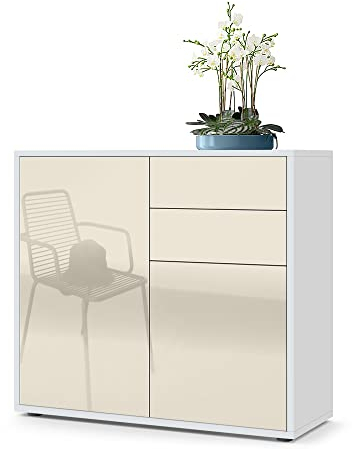 Vladon Sideboard Ben, Made in Germany, Kommode mit 2 Türen und 2 Schubladen, Weiß matt/Creme Hochglanz (79 x 74 x 36 cm)