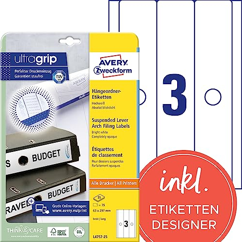 AVERY Zweckform L4757-25 Hängeordner-Etiketten (75 Rückenschilder mit ultragrip, 63x297mm auf A4, breit/lang, absolut blickdicht, selbstklebend, bedruckbare Ordneretiketten) 25 Blatt, weiß, Format 63 x 297 mm