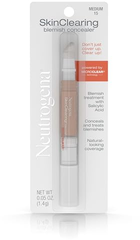 Neutrogena SkinClearing Blemish Concealer Face Makeup with Salicylic Acid Acne Medicine, Non-Comedogenic and Oil-Free Concealer Helps Cover, Treat & Prevent Breakouts, Medium 15,.05 oz