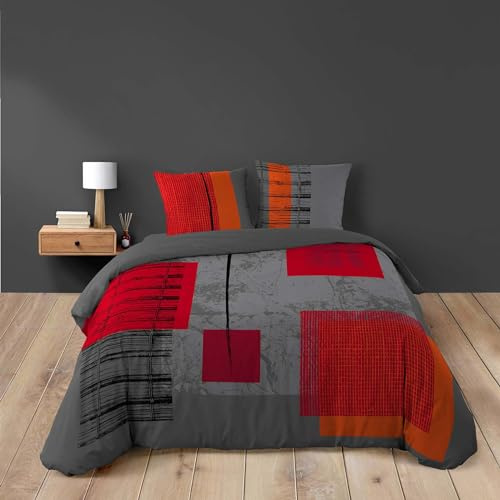 Douceur D'Intérieur 1640987, Juego de cama para 2 personas - Funda nórdica + 2 fundas de almohada - Estampado Quadro de 220 x 240 cm