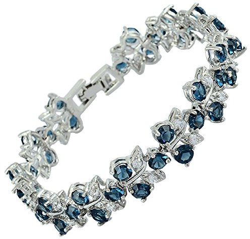 RIZILIA Tenis Pulsera [18cm/7inch] con Corte Redondo Piedras Preciosas Circonita CZ [Zafiro Azul] en 18K Chapado en oro blanco, Elegancia Moderna Sencillo