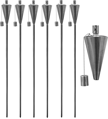 Harbour Housewares Torches de Jardin en Métal - Cône - Paquet de 6 - Torches de Jardin Argentées de 146 cm Éclairage Extérieur Moderne Lampe à Huile de Paraffine Lanterne à Flamme de Bougie